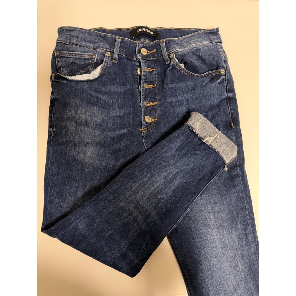 Express Womens High Rise Cropped Legging Jeans Button Fly Raw Hem Blue Size 10 R